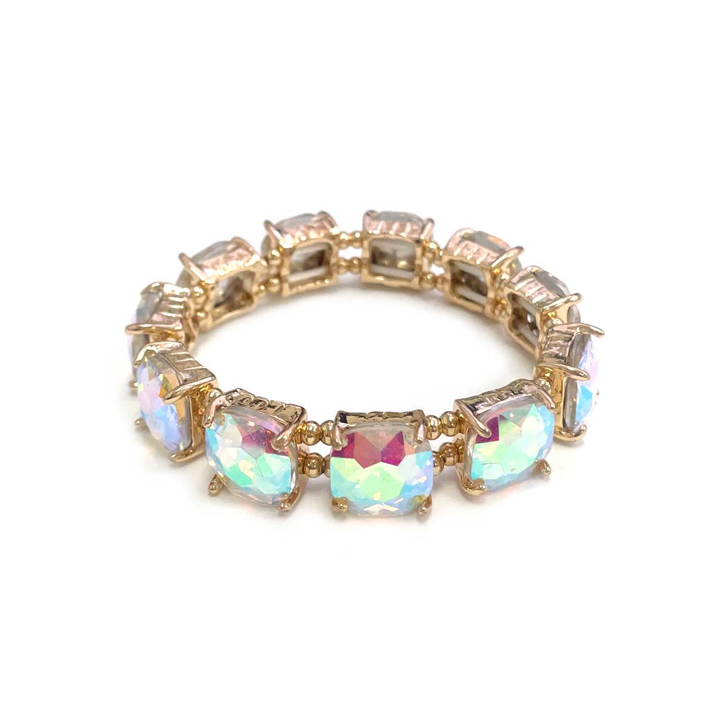 Cushion Cut Glass Crystal Linked Stretch Bracelet: GOLD-AB