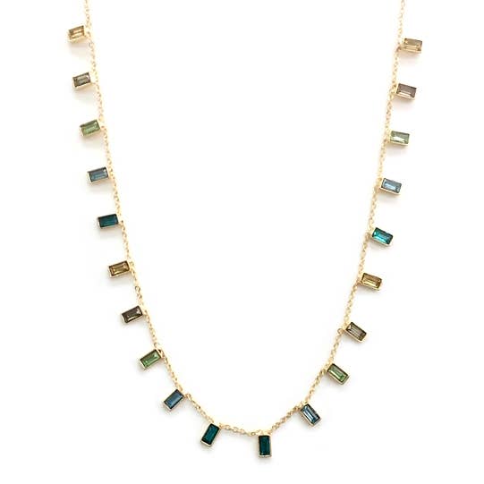 Baguette Stone Beads Station Charm Dainty Chain Necklace: Green