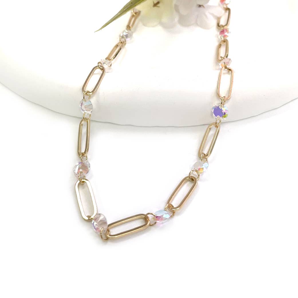 Round Crystal Stone and Paper Clip Chain Linked Necklace: Clear-AB