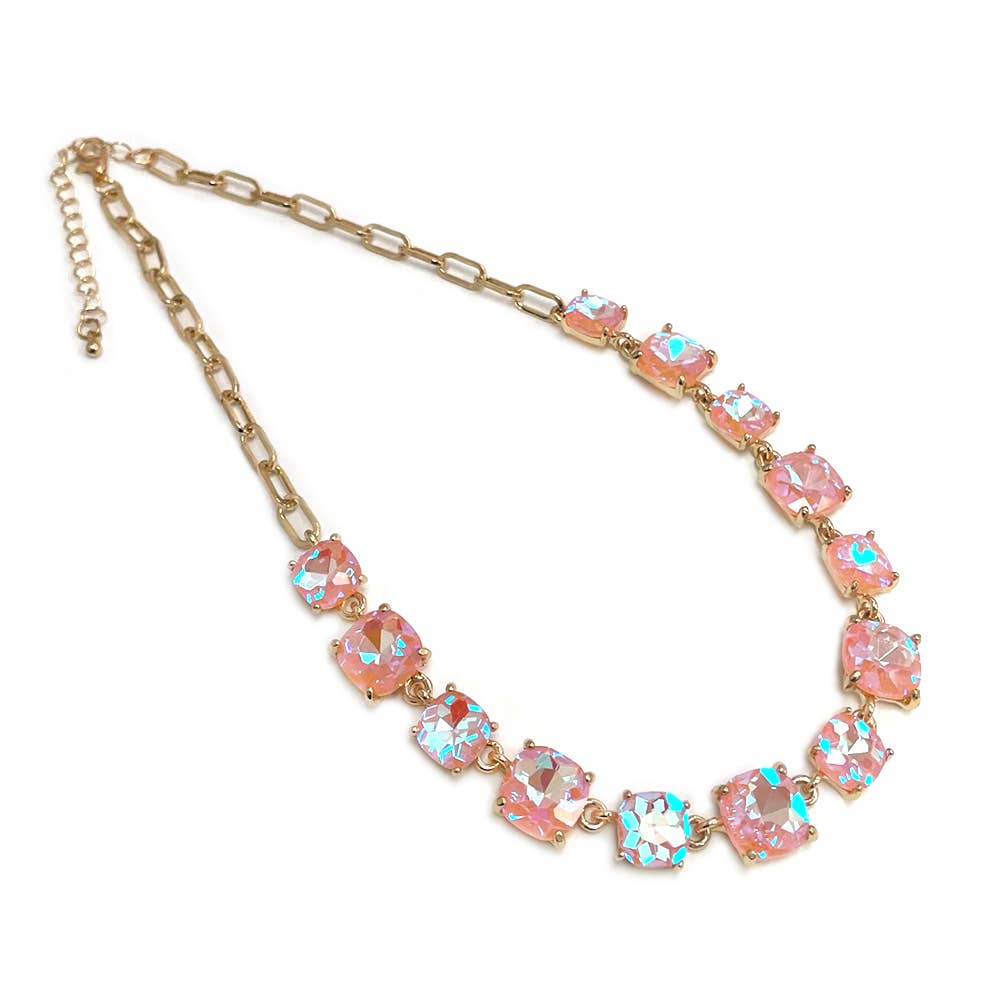 Cushion Cut Square Glass Crystal Linked Chain Necklace: PINK-AB