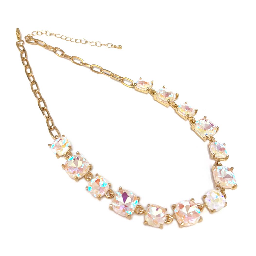 Cushion Cut Square Glass Crystal Linked Chain Necklace: WHITE-AB